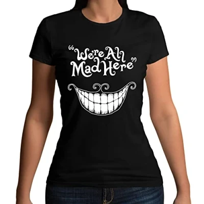 Image of Flip Womens We&#039;re All Mad Here Cheshire Cat Quote T Shirt Black UK 10 12 (L)