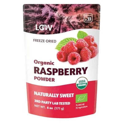 Image of LOOV Organic Raspberry Powder, Made from 100% Whole Raspberries, Powdered Freeze Dried 171 g, Grown in Europe, 24 Day Supply, No Added Sugar