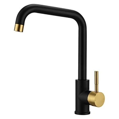 Image of Kitchen Sink Mixer Tap Monobloc Modern Style Rectangle 360 Swivel Spout Single Lever Faucet Mixers Taps Matte Black and Brushed Gold