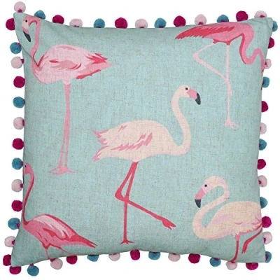 Image of Riva Paoletti Flamingo Square Cushion Cover Print on Linen Fabric Pompom Edges Hidden Zip Closure Duck Egg Blue and Pastel Pink 100% Polyester 50 x 50cm (20&quot; 20&quot; inches)