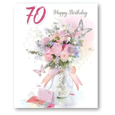 Image of Noel Tatt Female Age 70 Milestone Birthday Card Special 70th Wishes Vase of Pink Flowers &amp; Butterflies with Embossed Silver Foil 3D Embellishments Eco Friendly Recyclable