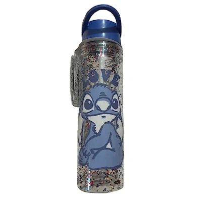 Image of Disney Stitch &amp; Angel Glitter Filled Water Bottle 550ML Drinking Primark