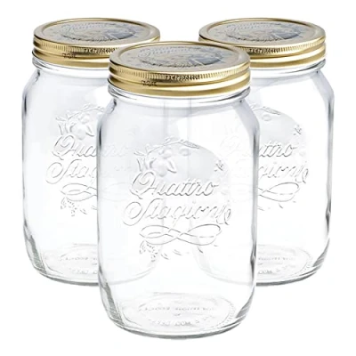 Image of Bormioli Rocco Quattro Stagioni Mason Jars Traditional Kitchen Food Canister with Screw Top Lid 1.5 Litre Pack of 3
