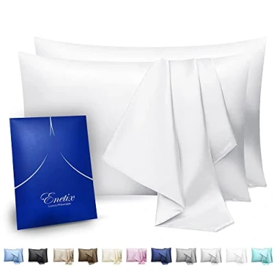 Image of Enetix Silk Satin Pillowcase for Hair and Skin, 2 Pack with Gift Package, Acne Free Hidden Zipper Pillow Cover (Standard (50 x 75cm), White)