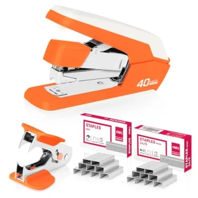 Image of Deli Effortless Desktop Stapler, Heavy Duty One Finger, No Effort, Includes Staples &amp; Staple Remover, Orange, B 40 50 Sheets