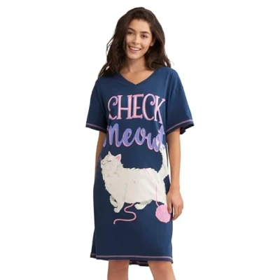 Image of Hatley Women&#039;s Sleepshirt Night Shirt, Check Meowt, One Size