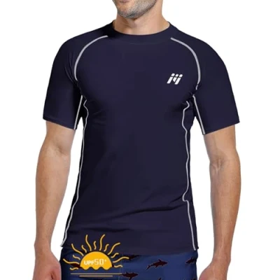 Image of MEETWEE Men Swimming Shirt UV Swim Top Short/Long Sleeve UPF 50+ Rash Guard Vest T Sun Protection Surfing Diving
