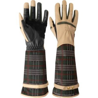 Image of ACE Garden Glam Gardening Glove for Women Long Ladies Goat Leather Gloves Against Rose Thorns &amp; Spikes M, Chequered