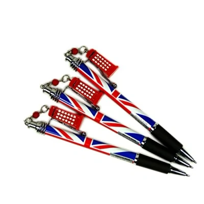 Image of Pens Telephone Box Charm Silver Clip Rollerball with Union Jack Design, Set of 3, London Souvenir Collectable