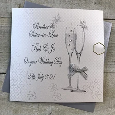 Image of WHITE COTTON CARDS PERSONALISED WEDDING CARD. BROTHER &amp; SISTER IN LAW FLUTES DESIGN. Handmade (PPS85 XPPS85)