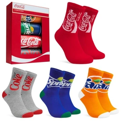 Image of Coca Cola Novelty Socks for Adults and Teenagers Soft, Comfy Calf Length Multipack, Funny Christmas Gifts (Multi 4 Pack, 3/7 UK)