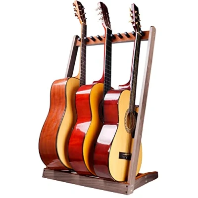 Image of Multi Guitar Floor Stand, Wood Guitars Display Stand Rack,Multi head Collection Rack Organiser,with Picks Slot Fits of All Shapes (Black Walnut)