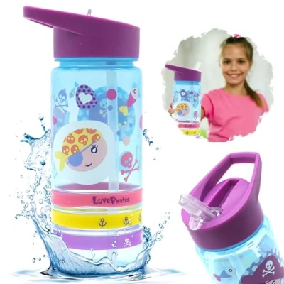 Image of 1x Love Pirates Water Bottle with Straw Lid for Kids and Adult 500ml Perfect School BPA Free Summer Silicon Straw, Leak Proof, Travel