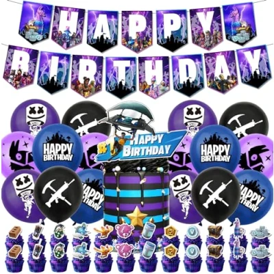 Image of Game Birthday Party Decorations, Supplies, Happy Banner, Balloons, Cake Topper, Cupcake Toppers, Decorations
