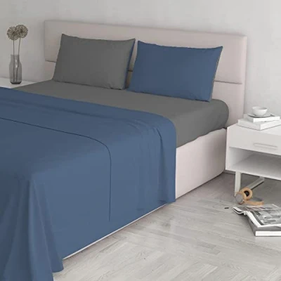 Image of Italian Bed Linen Natural Color Set (Flat 250x300, Fitted Sheet 170x200cm+2 Pillowcases 52x82cm), Petrol Bottle Green, avio/Smoke, DOUBLE