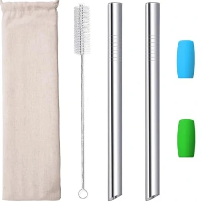 Image of Bubble Tea Straws Boba Straw Metal Reusable Stainless Steel 12mm Wide for Smoothies Jumbo Milkshakes Tapioca Pearl with Silicone Tips Carry Bag Brush 2 Pcs Silver
