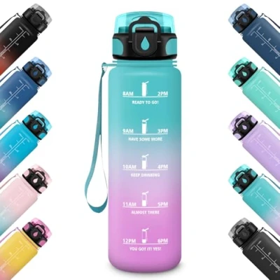 Image of HoneyHolly Drinking Bottle 1 Litre, Leak Proof with Time Marking, Sports Water Bottle, Motivational &amp; Filter, Suitable for Carbonated Drinks, Bicycle, Outdoor, Yoga, Gym,