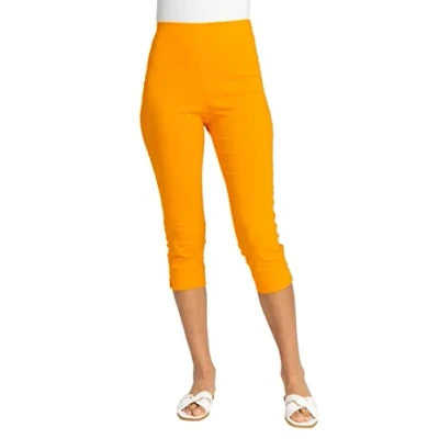 Image of Roman Originals Cropped Trousers for Women UK Ladies Capri Leggings Summer Pants Short Crop Stretch 3/4 Length Three Quarter Pedal Pusher Clothes Elasticated Bengaline Cut Off Amber Size 16