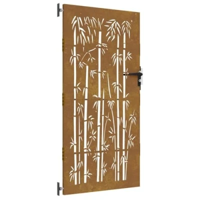 Image of vidaXL Garden Gate with Lockable System and Rusty Finish Laser Cut Bamboo Pattern Corten Steel for Patio 85x175 cm