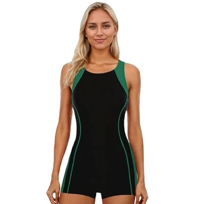 Image of BEACHKINI Swimwear Women&#039;s Boyleg One Piece Swimsuit Sports Swimming Open Back Competitive Bathing Suit,Green Stripes,UK 10