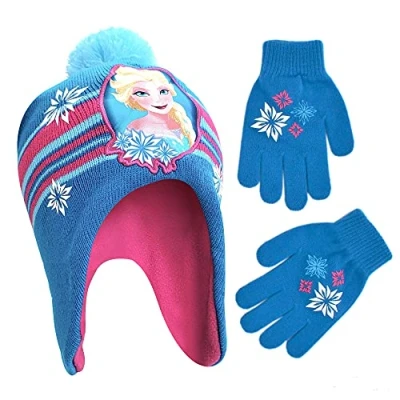 Image of Disney Girls&#039; Frozen Elsa Scandi Hat and Gloves Cold Weather Set Winter Accessory, Blue/Pink, Age 4 7
