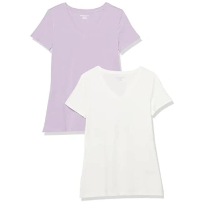 Image of Amazon Essentials Women&#039;s Classic Fit Short Sleeve V Neck T Shirt, Pack of 2, Pastel Lilac/White, S