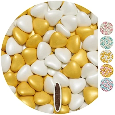 Image of EinsSein 1kg sugared chocolate hearts dragees mix med white gold pearl heart chocolates sweets dragées wedding mini favours guests shapes table party baptism sweet