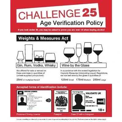 Image of Information Signs Age verification policy Weights &amp; measures act 25mililitres Self Adhesive Vinyl