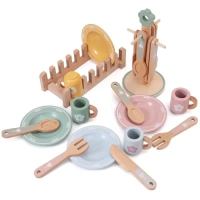 Image of Donmills 22pcs Pretend Play Kitchen Accessories Wooden Tea Set for Toddlers, Role Cups and Plates Kids Toy Kitchen, Montessori Toys Food Tableware Playset Gift Girls Boys