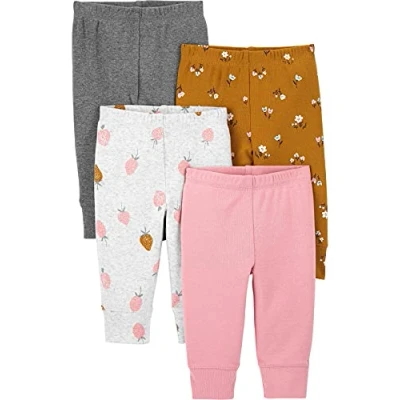 Image of Simple Joys by Carter&#039;s Baby Girls&#039; 4 Pack Pant, Brown Floral/Grey Heather/Light Grey Strawberry/Pink Heather, 0 Months (Pack of 4)