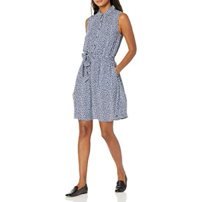Image of Amazon Essentials Women&#039;s Sleeveless Woven Shirt Dress, Dark Blue White Petal, XXL