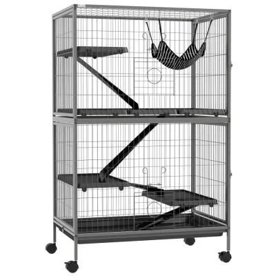 Image of PawHut Small Animal Cage for Chinchilla Ferret Kitten on Wheels with Hammock Removable Tray, Silver Grey