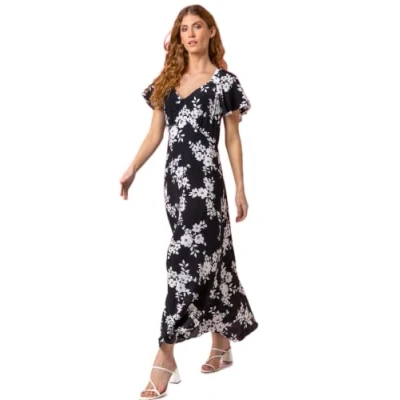 Image of Roman Originals Floral Print Dress for Women UK Ladies Sweetheart Neck Ruched Midi Maxi Long Length Short Sleeve Flattering Casual Summer Spring Party Evening Going Out Black Pink Size 10