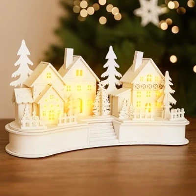 Image of Marco Paul Christmas Ornament Light Up LED battery operated novelty Village Scene Wooden Illuminated Festive Window Decoration Indoor (White Village)