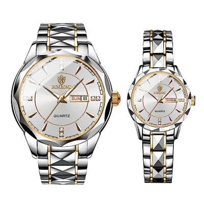 Image of JewelryWe Men&#039;s Women&#039;s Stainless Steel Wrist Watch with Calendar, Quartz Movement Diamond, Elegant at Work, Gift for Him Her, Silver Pair, bracelet