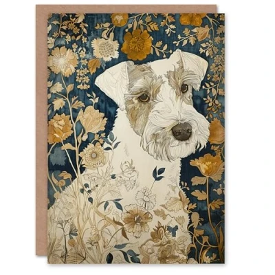 Image of Artery8 Dog Wildflowers Painting Blue Ochre Animal Lover Greeting Birthday Card Him Her All Blank