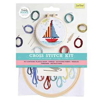 Image of Simply Make Cross Stitch Kit Sail Boat Design for Kids and Adults, Including Hoop, Embroidery Thread, Fabric Needle Perfect Adult Crafts Beginners Starter Craft
