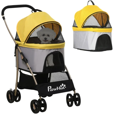 Image of PawHut Dog Pram Stroller 3 in 1 Pet Pushchair Detachable Design with Universal Wheels, Brake for Small Miniature Dogs Yellow