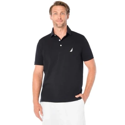 Image of Nautica Men&#039;s Short Sleeve Solid Stretch Cotton Pique Polo Shirt, True Black, Large
