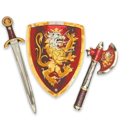 Image of Liontouch Noble Knight Toy Sword, Shield &amp; Axe, Red Medieval Pretend Play Set in Foam For Children With Golden Lion Theme Safe Weapons Combat Accessories Dress Up Costumes Boys