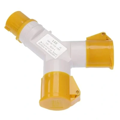 Image of Yellow 2 Way Splitter 16A 110V 2P+E IP44 Plug Socket Connector Industrial