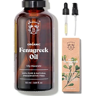 Image of Bionoble Organic Fenugreek Oil 50ml Oily Macerate made with Sunflower 100% Pure and Natural Body, Chest, Buttocks, Hair Vegan, Cruelty Free Glass Bottle + Pipette Pump