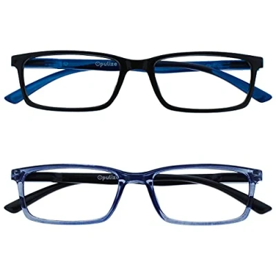Image of OPULIZE See Reading Glasses 2 Packs with Blue Light Blocking Narrow Frame Spring Hinges Improve Sleep Computer Gaming Black Transparent Mens Womens BB9 13 +2.50