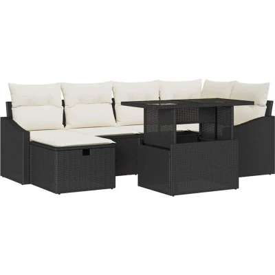 Image of vidaXL 7 Piece Garden Sofa Set with Cushions Black Poly Rattan