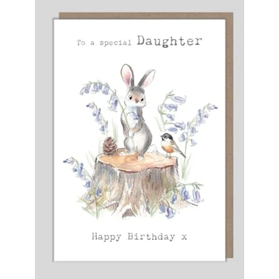 Image of Daughter Birthday Card Rabbit Tree Stump Cute Animal Illustrated Greeting