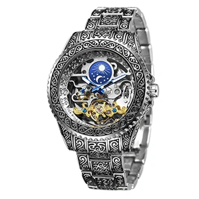 Image of FORSINING Men&#039;s Skeleton Engraved Watch Automatic for Men Moon Phase Self Winding Silver Mechanical Wrist Watch, Silver,
