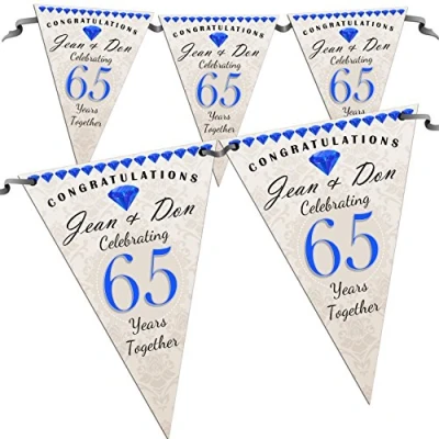 Image of Personalised 65th Wedding Anniversary Congratulations Party Flag Banner Bunting N56 10 Flags inc Ribbon