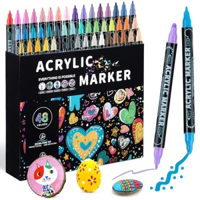 Image of Mzh Art 48 Colors Dual Tip Acrylic Paint Pens Markers, Double Premium Markers for Wood, Rock Painting, Glass, Canvas, Stone, DIY Crafts Making Supplies
