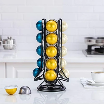 Image of FlagShip Coffee Pod Holder Carousel Stand Storage for Nespresso Vertuoline, Small Size 360 Degree Rotation WIre Metal Black (20 Pods)