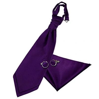 Image of DQT Men Plain Satin Wedding Scrunchie Pre Tied Cravat, Pocket Square &amp; Cufflinks Purple